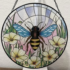 Belavi 10″ Glass Bee Sun Catcher – Stained Glass Look Hanging Decor Wildflower