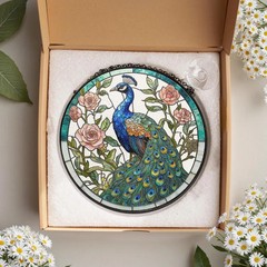 Colorful Peacock Rose Suncatcher Round Glass Window Art Decorative Bird Gift