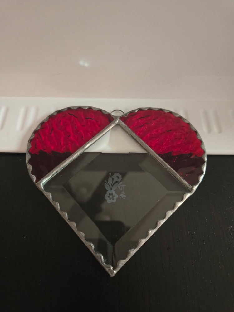 Vintage Hanging Stained Glass Heart Sun Catcher Red/Clear 5.25 x 4.25″