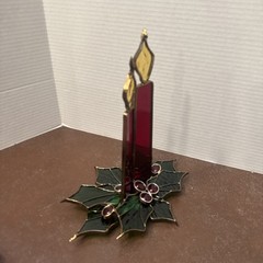 Vintage Holly Candles Stained Glass Christmas Tabletop Suncatcher Decoration