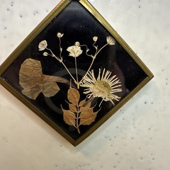 Diamond Shaped Pressed Real Flowers Amethyst Glass Brass Frame Sun Cottage Chic