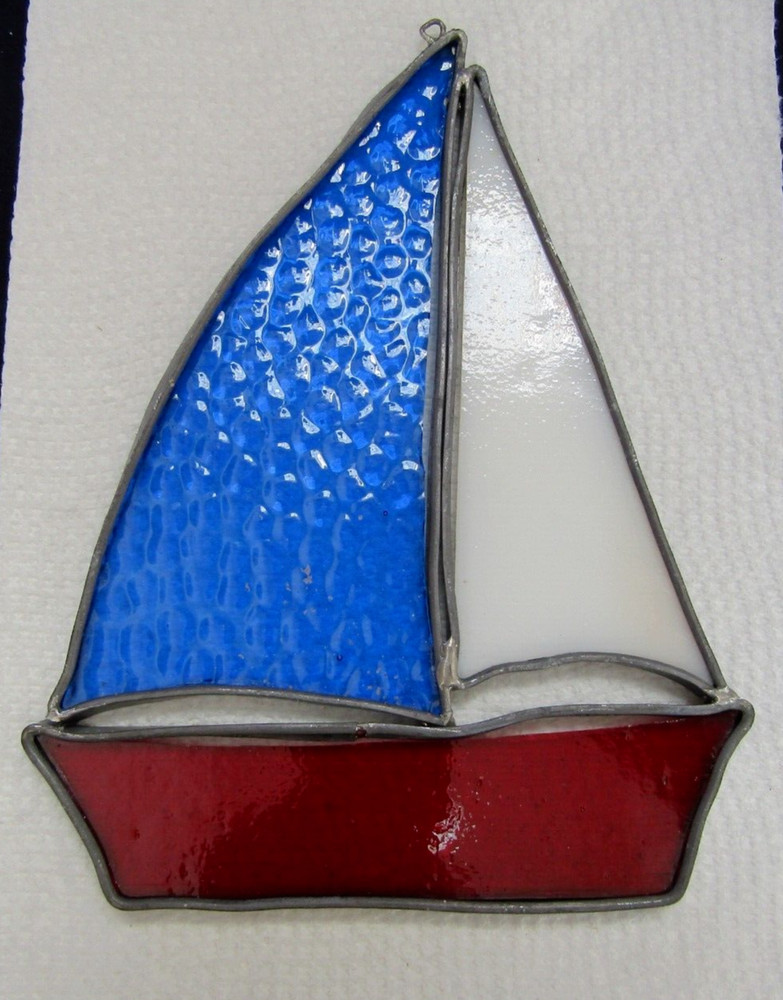 Vintage Faux Stain Glass Sailboat Suncatcher- Nautical- Ocean ~ 6 3/4″ Tall