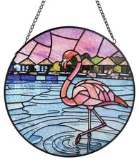 Stained Glass Window Hanging, Flamingo Circular Sun Catcher Ornament with Chain
