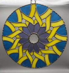 Handmade Stained Glass Blue Yellow Purple Flower Round Mandala Design Suncatcher