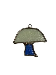 Vintage Stained Glass Mushroom Sun Catcher Ornament 2”x2.5” Blue White Lead Read