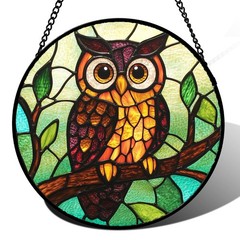 Owl Stained Glass Suncatcher Home Decor for Windows and Doors, 9.8 in