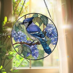 Blue Jay Hydrangea Acrylic Suncatcher – Stained Glass Style Floral Decor