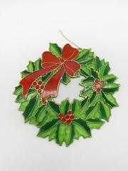 Vintage Plastic Christmas Stained Glass Suncatcher Holly Wreath Bow 8” Diameter
