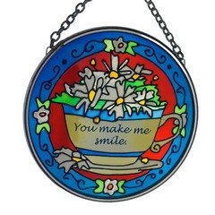 YOU MAKE ME SMILE Stained Glass Sun Catcher Ornament 3.5″ Floral Hanging Round