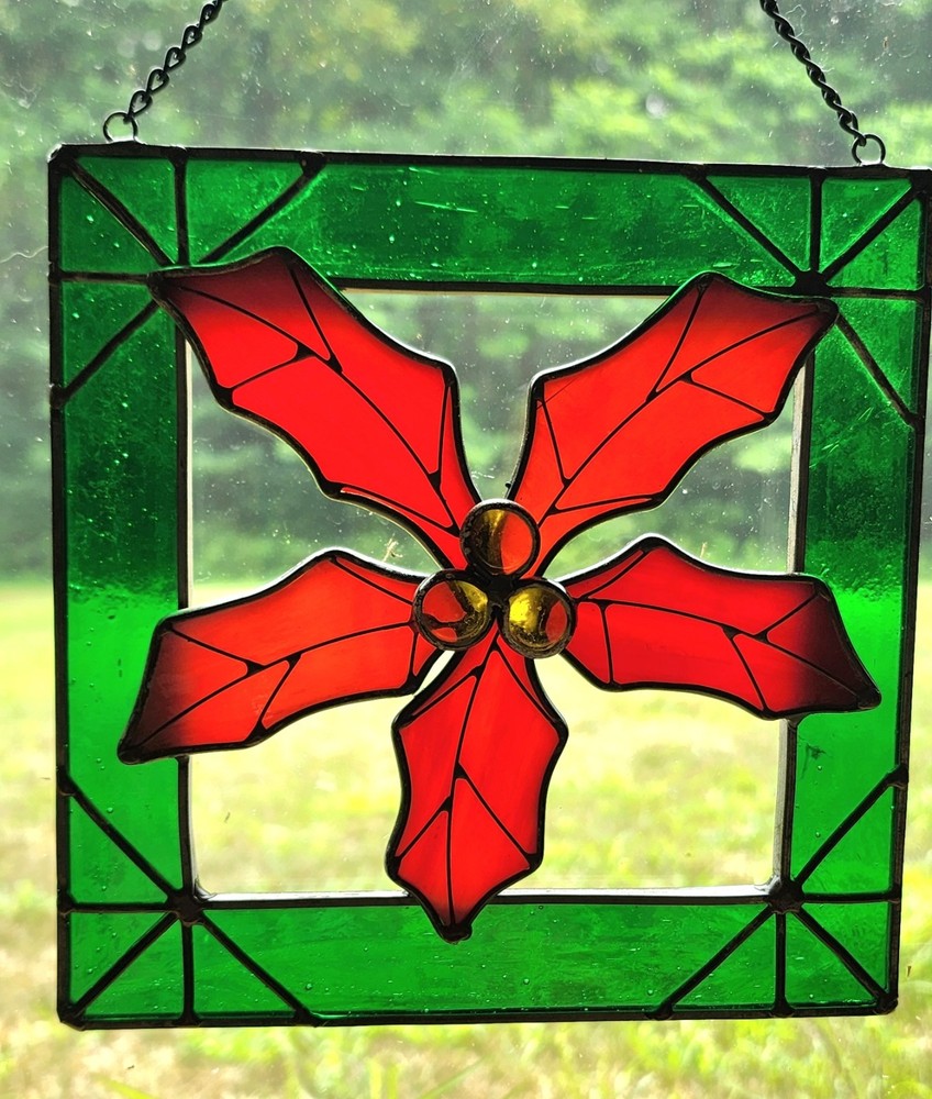 🎄 Green & Red Poinsettia Flower 7 X 7 Stained Glass square Window Suncatcher