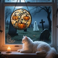 DASTOLL Stained Glass Window Hanging – Halloween Decoration Orange Pumpkin Vi…
