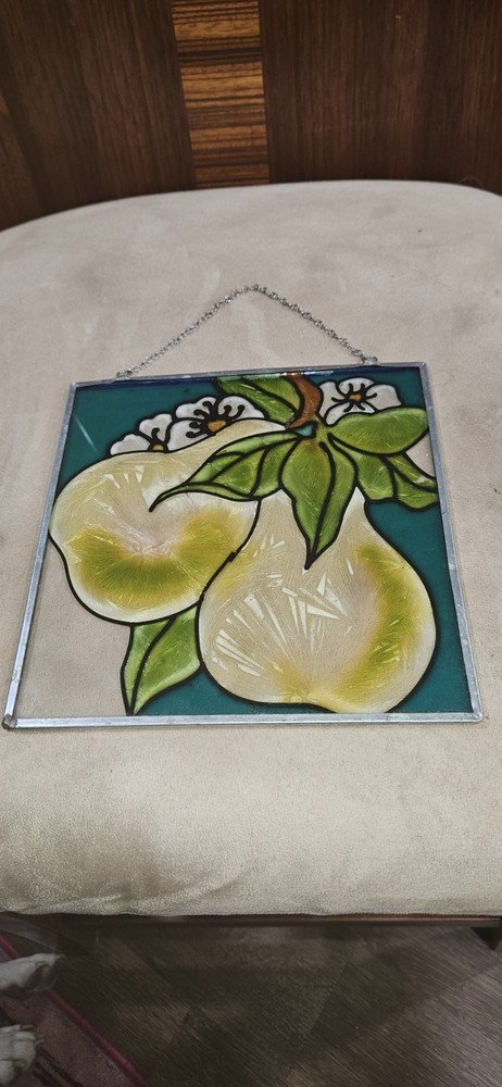 Pear Suncatcher 7 1/2″ Square. Glass? Resin? 2 Pears With Blossoms. Beautiful!