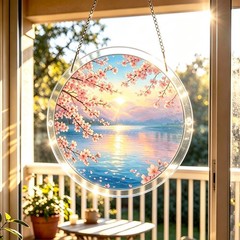 Vintage Pink Cherry Tree Lake Mosaic Acrylic Puzzle Suncatcher Wall Decor