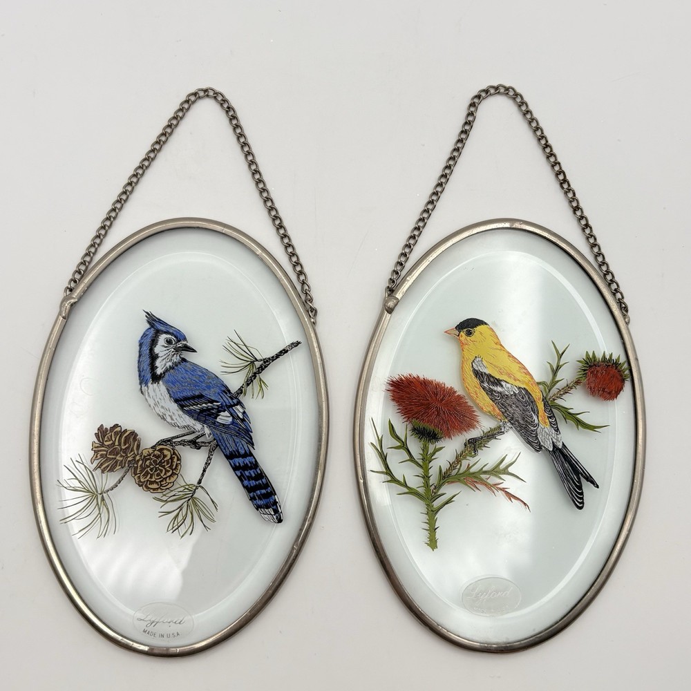 2 Lyford Beveled Glass Metal Bird Window Suncatcher Hanging Bluejay Goldfinch
