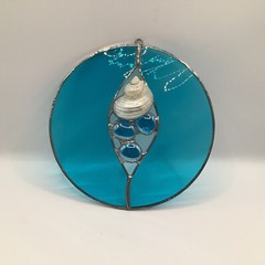 HandCrafted Sun Catcher Blue Stained Glass With Mother Of Pearl Shell 6x6x6” .