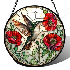 Stained Glass Hummingbird Suncatcher Green Flower Decor for Home & Garden