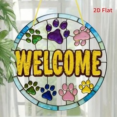 Colorful Paw Print Welcome Round Acrylic Suncatcher Front Door Window Hanging