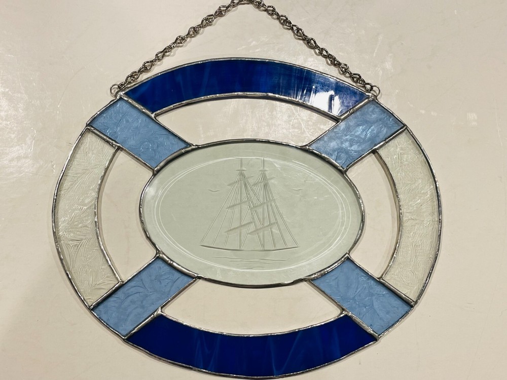GENUINE LEADED Vintage Stained Glass Beveled Blue Sun Catcher Etched Sailboat