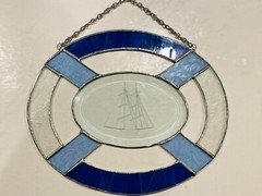 GENUINE LEADED Vintage Stained Glass Beveled Blue Sun Catcher Etched Sailboat