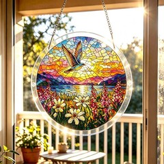 Winged Bird Daisy Lupine Lake Sunset Art Acrylic Puzzle Suncatcher Gift