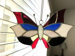 Stained Glass Butterfly Suncatcher Red Blue Yellow & Black Panels Vintage