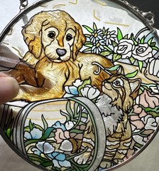 Amia Stained Glass Suncatcher Hand Painted Cat Dog Floral 4.5″ Round w/Chain