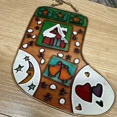 Vintage Stained Glass Christmas 6” Sun-Catchers Lot of 2 Stocking Lights Stars