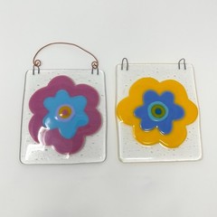 Set of 2 Hand Made Fused Art Glass Wall Hanging Floral