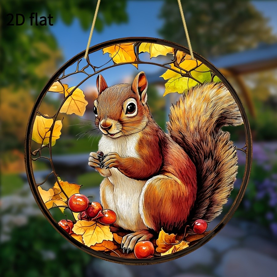 Wild Squirrel Fall Maple Berry Round Acrylic Suncatcher Front Porch Window Decor