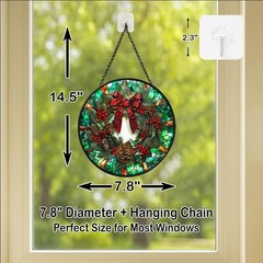 Stained Glass Window Hanging – 7.8in Christmas Wreath with Red Bow, Pine Cone…