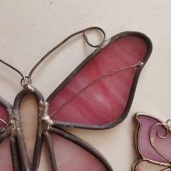 Stained Glass Pink Butterfly Leaded Sun Catchers Window Hanging VTG Set Of 2