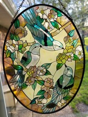 Joan Baker Designs Blue Birds Springtime Themed Stained Glass Sun Catcher 9×6.5″