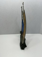 Vintage Stained Glass Boat 3D On Faux Driftwood Stand Sailboat Ship Decor