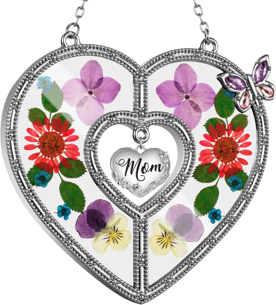 Heart Suncatcher Wind Chime with Butterfly Wing Pressed Real Flower Gifts for Mo
