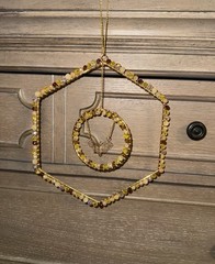 Gold Metallic Hexagon Beaded Hanging Suncatcher w/ Butterfly Charm Glass