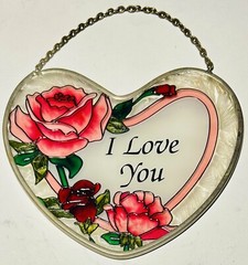 Gorgeous Vintage 5” Real Stained Glass Suncatcher Heart Shaped “I Love You” Rose