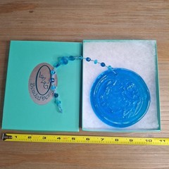 Whimsical Blue Art Glass Celestial Sun Moon & Stars Suncatcher LZG
