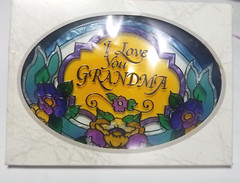 NIB 2011 Joan Baker Art Glass Hand Painted Oval Sign “I Love You Grandma”
