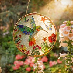 Stained Glass Suncatcher Spring Flowers & Hummingbird 8 Inch Handmade