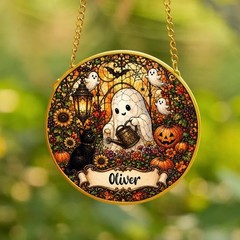 Personalized Cute Ghost Halloween Stained Glass Suncatcher, Family Keepsake