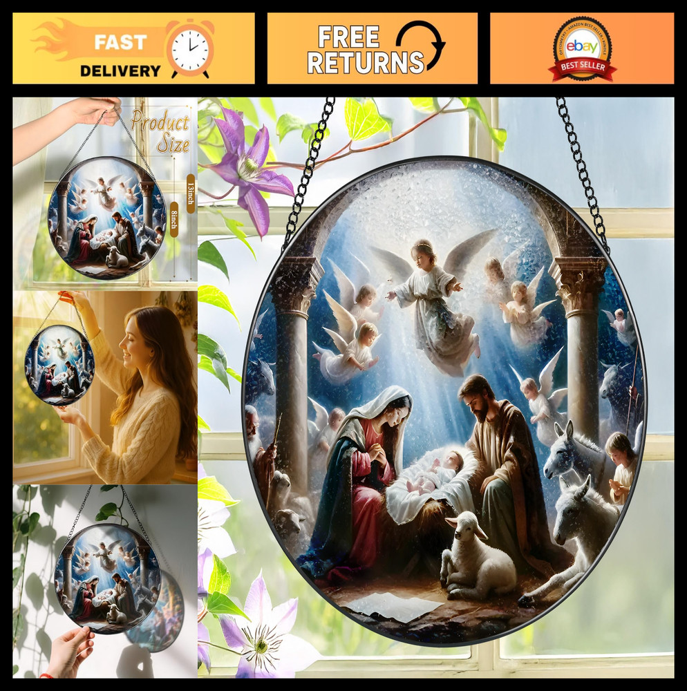 Stained Glass Nativity Scene Suncatcher, 8″ Window Hanging Ornament, Christian D