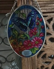 AMIA Glass Suncatcher Hand Crafted Butterflies Flower Garden Denver, Co NEW