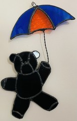 Handmade Stained Glass dark brown Teddy Bear Suncatcher Blue & Orange Umbrella 9