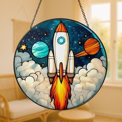Rocket Ship Launch with Planets Stained Glass Suncatcher, Cosmic Space Window Ha