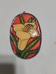 Vintage 5″ Stained Plastic Sun Catcher – Sparkle Orange Daffodil