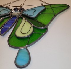 Stained Glass Suncatcher Butterfly Brilliant Blues & Greens Hand Crafted 13″x14″