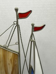 Vintage Stained Glass Boat 3D On Faux Driftwood Stand Sailboat Ship Decor