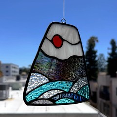 Fuji Mountain seascap Tiffany style stained glass sun-catcher. Handmade art home