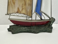 Vintage Stained Glass Boat 3D On Faux Driftwood Stand Sailboat Ship Decor