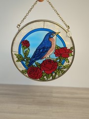 Amia Hand Painted Suncatcher Blue Bird Red Roses Flowers Round Glass